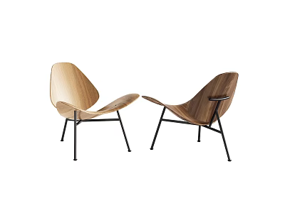 Stylish Leisure Chairs Featuring Curved Wooden Seats And Black Metal Legs Light Dark Wood Tones 3d model
