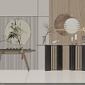 Modern Console Table Interior With Round Mirrors Potted Plants And Decor Items 3d model