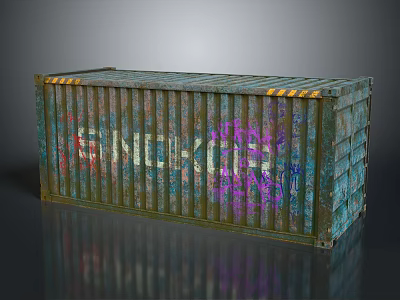 Weathered Blue Green Shipping Container With Graffiti Art And Yellow Warning Stripes 3d model