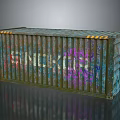 Weathered Blue Green Shipping Container With Graffiti Art And Yellow Warning Stripes