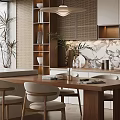 Modern Restaurant Interior With Dining Table Chairs Open Kitchen Marble Backsplash And Blinds 3d model