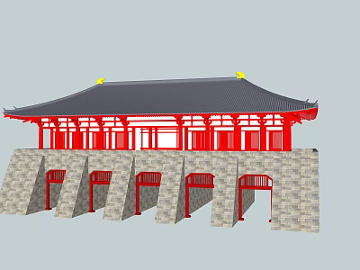 Ancient Chinese Architecture With Black Roof Yellow Ornaments Red Pillars And Stone Base Arched Gateways 3d model