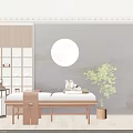 Wooden Frame Sofa Bench With Beige Cushion Side Shelf Wall Moon Decor And Potted Plant