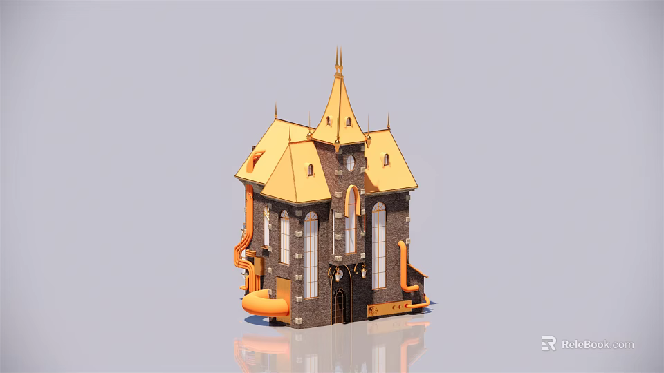 European Architecture with Yellow Roof Spires Arched Windows and Stone Brick Walls 3d model 