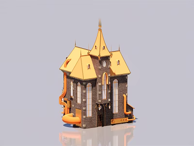 European Architecture with Yellow Roof Spires Arched Windows and Stone Brick Walls 3d model