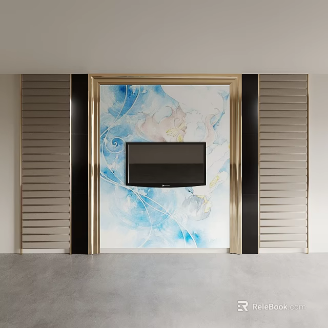 Elegant TV Background Wall With Gold Frame Blue White Floral Pattern And Side Panels 3d model 