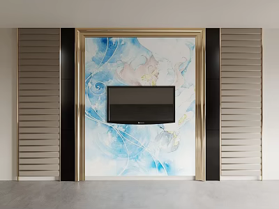 Elegant TV Background Wall With Gold Frame Blue White Floral Pattern And Side Panels 3d model