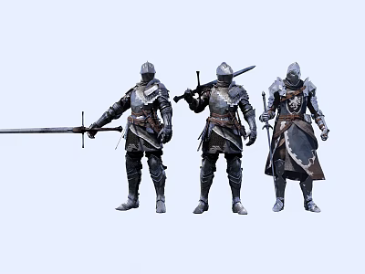 Medieval Game and Movie Characters in Armor with Swords and Standing Poses 3d model