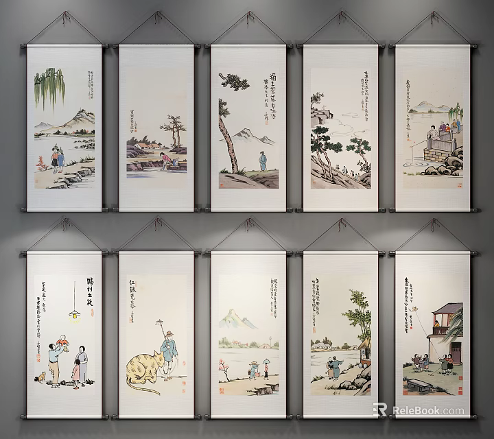 Traditional Chinese Figure Paintings On Hanging Scrolls With Landscape Trees And Human Activities 3d model 