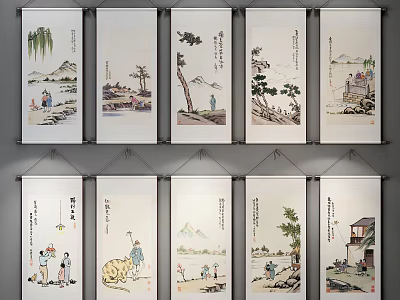 Traditional Chinese Figure Paintings On Hanging Scrolls With Landscape Trees And Human Activities 3d model