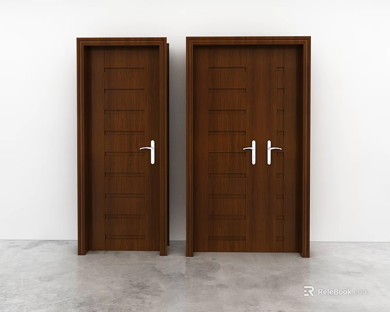 Brown Wooden Hinged Doors With Panel Design And Silver Handles On White Wall Gray Floor 3d model 