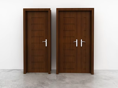 Brown Wooden Hinged Doors With Panel Design And Silver Handles On White Wall Gray Floor 3d model