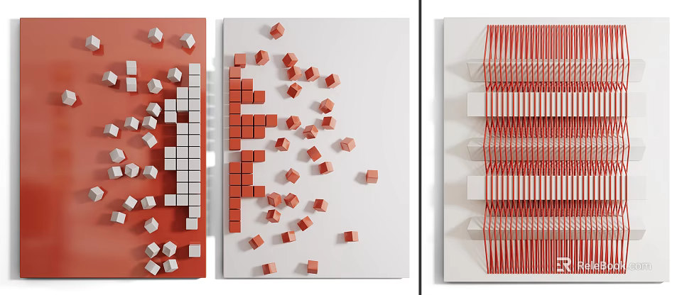 Modern Wall Decorations With Red White Cubes And Geometric Stripes 3d model 