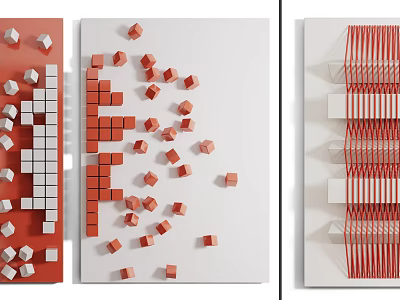 Modern Wall Decorations With Red White Cubes And Geometric Stripes 3d model