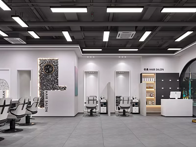 Modern Hair Salon Interior Design With Stylish Chairs Mirrors And Reception Counter 3d model