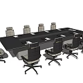 Modern Black Rectangular Conference Table With Rolling Office Chairs And Documents 3d model