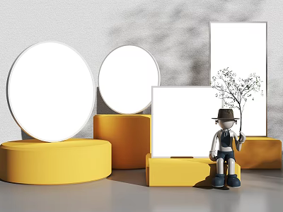 Modern Round Ceiling Lights Display With White Finish Yellow Platforms And Decorative Figurine 3d model