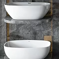 Modern White Freestanding Bathtub With Gray Marble Wall And Metal Faucet Design