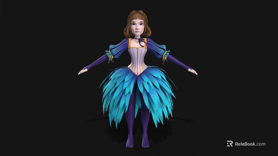 Elegant Woman In Blue Purple Feather Skirt With Corset And Long Sleeves Design 3d model 