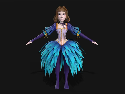 Elegant Woman In Blue Purple Feather Skirt With Corset And Long Sleeves Design 3d model