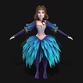 Elegant Woman In Blue Purple Feather Skirt With Corset And Long Sleeves Design