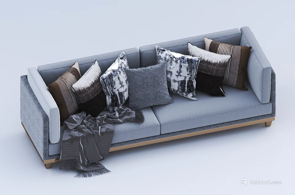 Modern Gray Fabric Two Seater Sofa With Decorative Pillows And Throw Blanket 3d model
