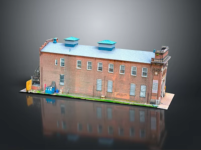 Red Brick Residential Building With Blue Roof Multiple Windows And Green Ground Area 3d model