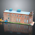 Red Brick Residential Building With Blue Roof Multiple Windows And Green Ground Area