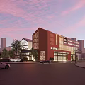 Modern School Building Exterior With Glass Windows Brick Red Accents And Landscaped Area