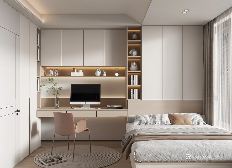 Modern Tatami Bedroom Interior With Bed Desk Chair Bookshelf And Natural Light 3d model 