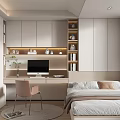 Modern Tatami Bedroom Interior With Bed Desk Chair Bookshelf And Natural Light