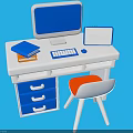 Modern Home Office Desk Setup Featuring Monitor Keyboard Notebook Orange Chair And Blue Drawers