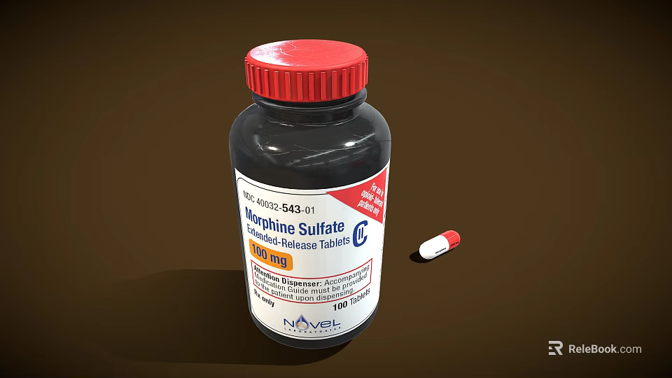 Morphine Sulfate Extended Release Tablets 100mg Bottle With Red Cap And Capsule 3d model 
