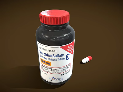 Morphine Sulfate Extended Release Tablets 100mg Bottle With Red Cap And Capsule 3d model