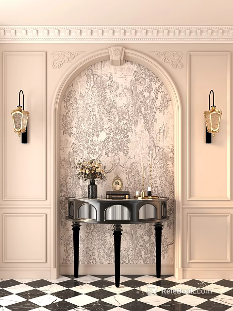 Elegant Entryway Console Table With Arched Patterned Wallpaper And Golden Wall Sconces 3d model