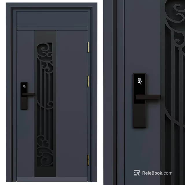 Dark Gray Security Door With Elegant Iron Patterns And Smart Lock System Design 3d model 