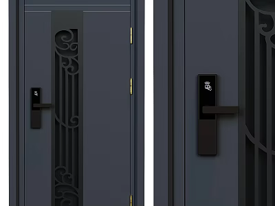 Dark Gray Security Door With Elegant Iron Patterns And Smart Lock System Design 3d model