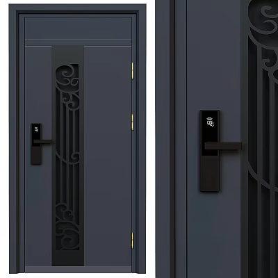 Dark Gray Security Door With Elegant Iron Patterns And Smart Lock System Design 3d model