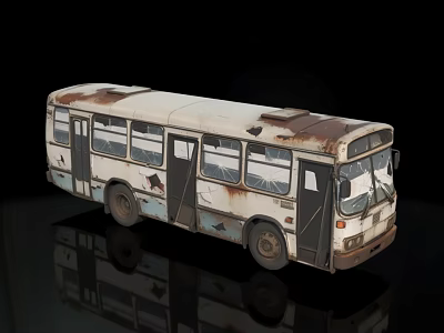 Old Rusty Bus Exterior With Broken Windows And Weathered Metal Body 3d model