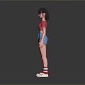 Woman in Red Cropped Top Blue Denim Shorts Red White Striped Socks and White Sneakers