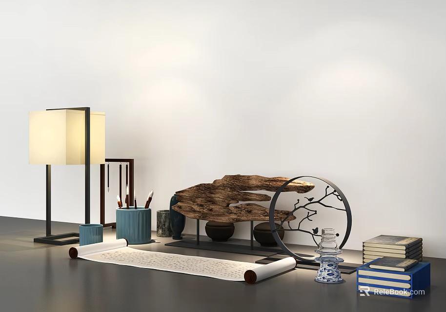 Elegant Decorative Ornament Set With Wooden Artwork Round Frame Books And Table Lamp 3d model 