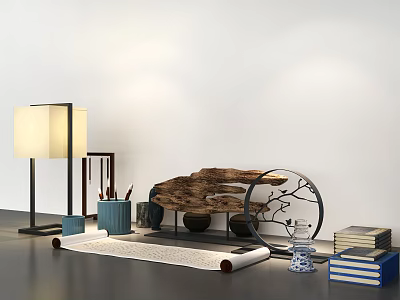Elegant Decorative Ornament Set With Wooden Artwork Round Frame Books And Table Lamp 3d model
