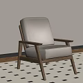 Beige Fabric Lounge Chair With Walnut Frame On Black And White Checkered Rug