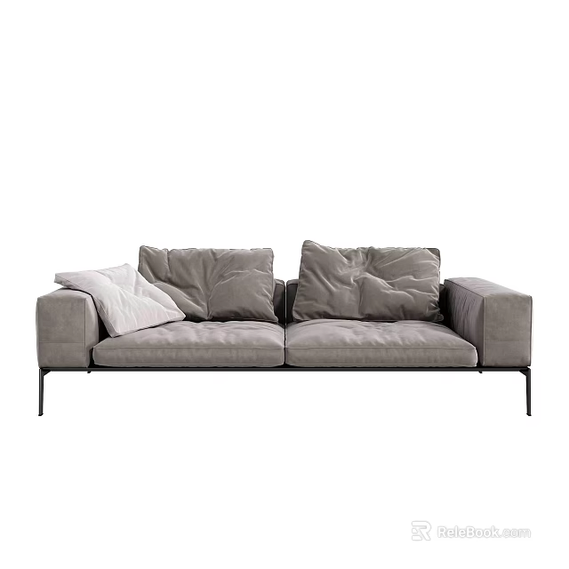 Gray Two Seater Sofa With Upholstered Cushions And Black Metal Legs 3d model 