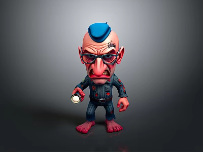 Cartoon Character With Blue Hat Red Glasses Exaggerated Expression Dark Striped Outfit Holding Flashlight 3d model