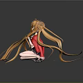 Game Anime Character With Long Golden Hair Red Coat Black Skirt Kneeling With Cards Around