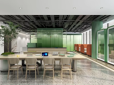 Modern Lounge Area Interior Design With Long Table Green Plants And Orange Seats 3d model