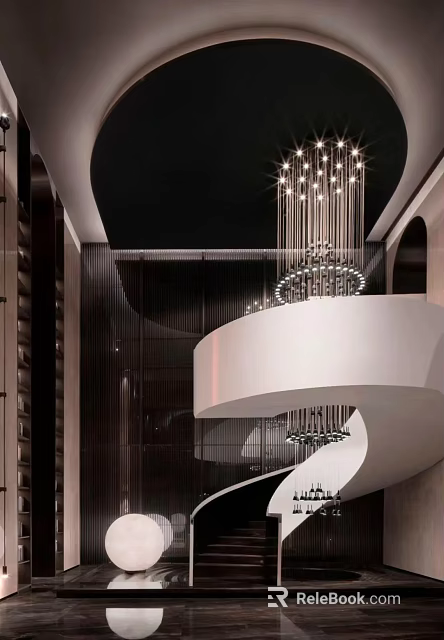 Elegant Modern Hotel Lobby With Spiral Staircase White Railing And Crystal Chandelier 3d model 