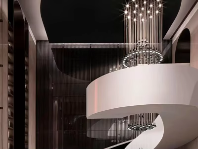Elegant Modern Hotel Lobby With Spiral Staircase White Railing And Crystal Chandelier 3d model