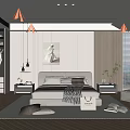 Modern Bedroom Interior Design With Bed Wardrobe Pendant Lights and Floor to Ceiling Window Blinds